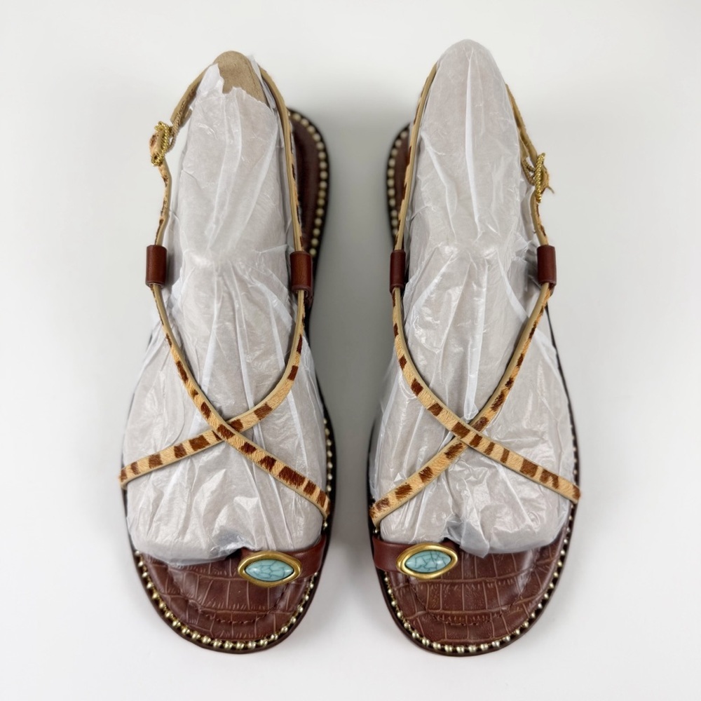 Sam Edelman Tenly Strappy Flat Sandals Womens 8M Tan Turquoise Zebra NEW